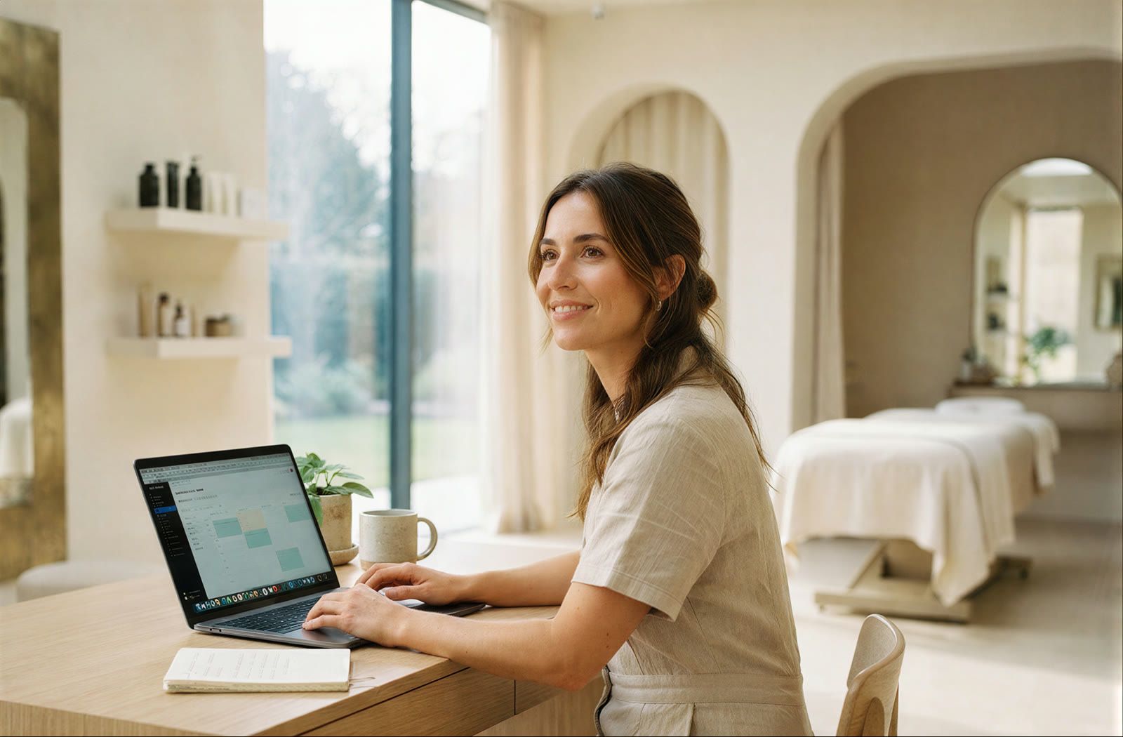 Salon professional using management software on a laptop in a spa