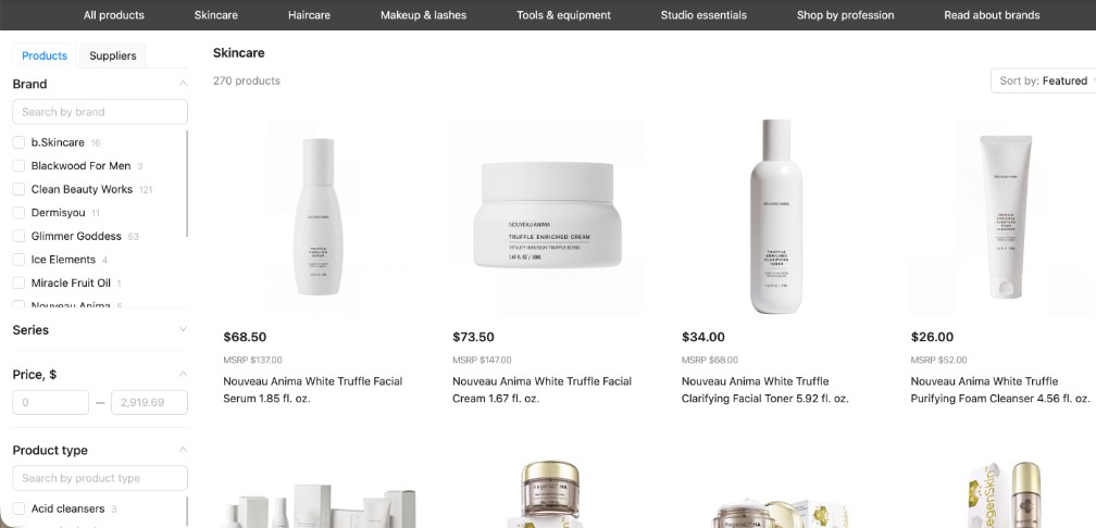 Example professional beauty marketplace — Skincare catalog with filters, brands, and product cards